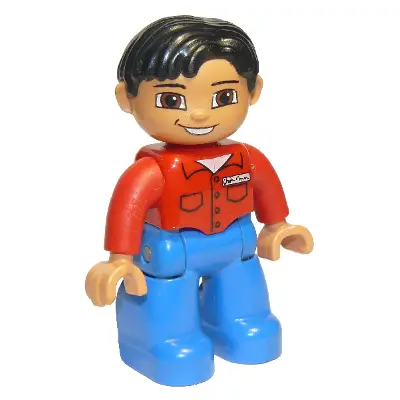  Duplo Figure Lego Ville, Male, Blue Legs, Red Shirt with Pockets and Name Tag, Black Hair, Brown Eyes, Nougat Hands