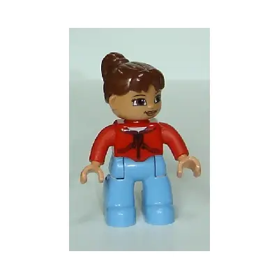  Duplo Figure Lego Ville, Female, Medium Blue Legs, Red Jacket with Black Zipper and Pockets, Reddish Brown Ponytail Hair (4598306)