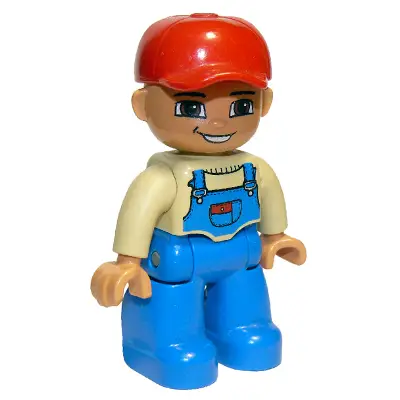  Duplo Figure Lego Ville, Male, Blue Legs, Tan Top with Blue Overalls, Red Baseball Cap (4529970)