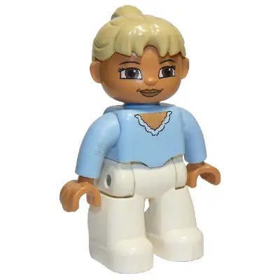  Duplo Figure Lego Ville, Female, White Legs, Bright Light Blue Top, Tan Ponytail Hair, Brown Eyes