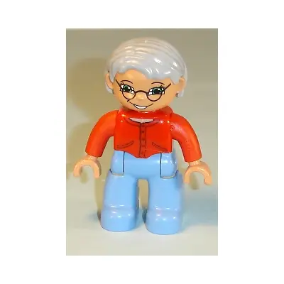  Duplo Figure Lego Ville, Female, Medium Blue Legs, Red Sweater, Very Light Gray Hair, Blue Eyes, Glasses