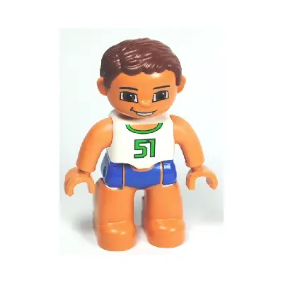  Duplo Figure Lego Ville, Male, Blue Swim Trunks, White Top with Green '51', Reddish Brown Hair