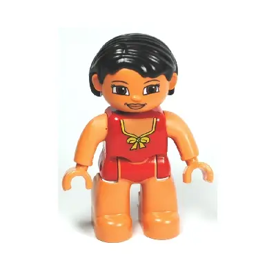  Duplo Figure Lego Ville, Female, Red Swimsuit with Yellow Bow, Black Hair