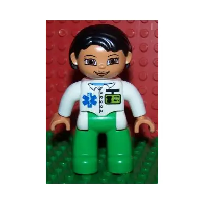  Duplo Figure Lego Ville, Female Medic, Bright Green Legs, White Top with ID Badge and EMT Star of Life Pattern, Black Hair, Brown Eyes