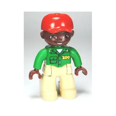  Duplo Figure Lego Ville, Male, Tan Legs, Green Top with 'ZOO' on Front and Back, Brown Head, Red Cap, Brown Head, Brown Eyes (Zoo Worker)