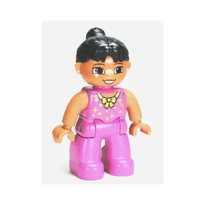  Duplo Figure Lego Ville, Female Tightrope Walker, Dark Pink Legs and Top with Gold Bow and Stars, Black Ponytail Hair, Brown Eyes