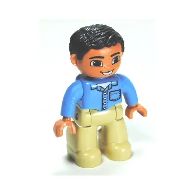  Duplo Figure Lego Ville, Male, Tan Legs, Medium Blue Shirt with Pocket and 4 Buttons, Black Hair