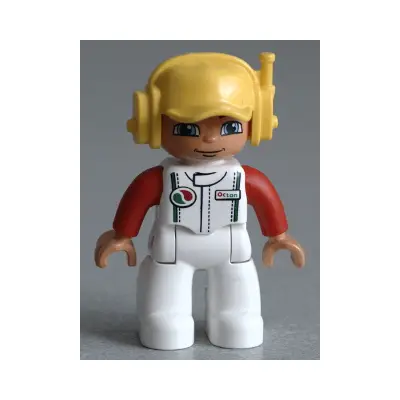  Duplo Figure Lego Ville, Male, White Legs, White Race Top with Octan Logo, Yellow Cap with Headset