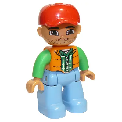  Duplo Figure Lego Ville, Male, Medium Blue Legs, Orange Vest, Dark Green Plaid Shirt, Bright Green Arms, Red Cap