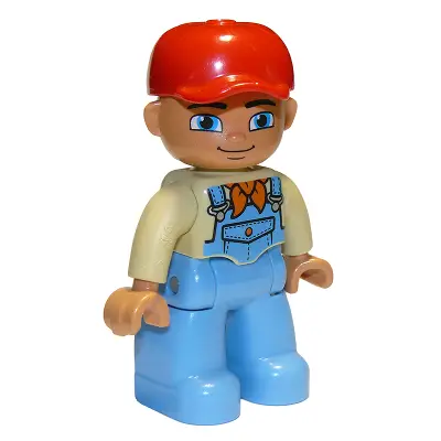 Duplo Figure Lego Ville, Male, Medium Blue Legs, Tan Top with Medium Blue Overalls, Bandana, Red Cap
