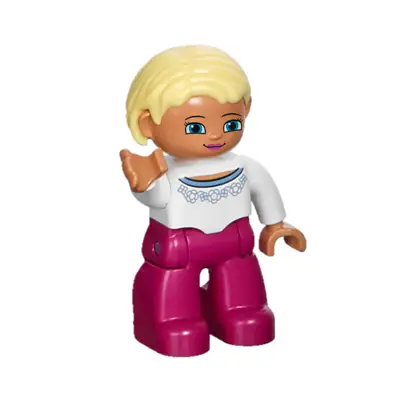  Duplo Figure Lego Ville, Female, Magenta Legs, White Sweater with Blue Pattern, Bright Light Yellow Hair, Blue Eyes