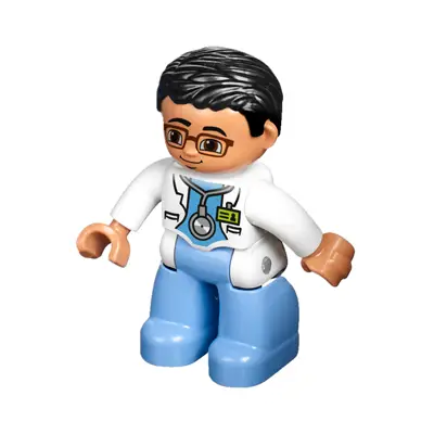  Duplo Figure Lego Ville, Male Medic, Medium Blue Legs, White Lab Coat, Stethoscope, Glasses, Black Hair
