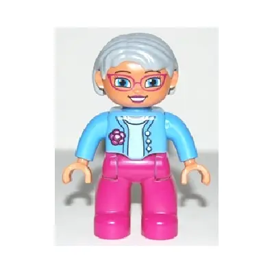  Duplo Figure Lego Ville, Female, Magenta Legs, Medium Blue Top with Flower, Light Bluish Gray Hair, Blue Eyes, Glasses