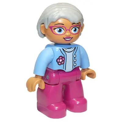  Duplo Figure Lego Ville, Female, Magenta Legs, Medium Blue Top with Flower, Light Bluish Gray Hair, Blue Eyes, Glasses, Oval Eyes (6210308 / 6273481)