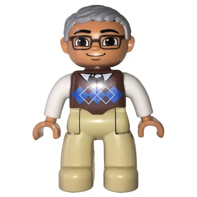  Duplo Figure Lego Ville, Male, Tan Legs, Reddish Brown Argyle Sweater Vest, White Arms, Light Bluish Gray Hair, Glasses