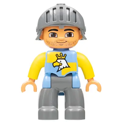  Duplo Figure Lego Ville, Male Castle, Dark Bluish Gray Legs, Blue and Yellow Chest with Crowned Eagle, Helmet