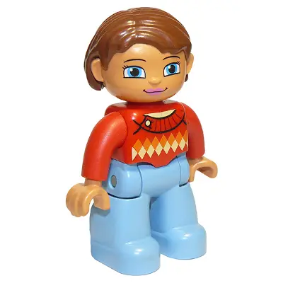  Duplo Figure Lego Ville, Female, Medium Blue Legs, Red Sweater with Diamond Pattern, Reddish Brown Hair, Blue Eyes