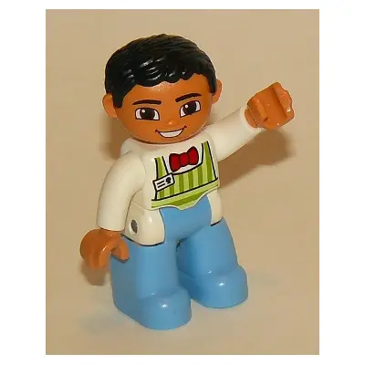  Duplo Figure Lego Ville, Male, Medium Blue Legs, Lime Striped Apron, Red Bow Tie, Black Hair