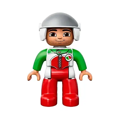  Duplo Figure Lego Ville, Male, Red Legs, Race Top with Zipper and Octan Logo, White Helmet