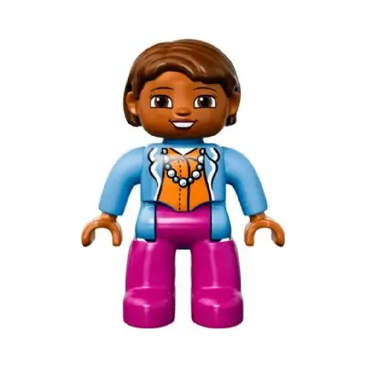  Duplo Figure Lego Ville, Female, Magenta Legs, Medium Blue Top with Necklace, Dark Orange Head, Reddish Brown Hair