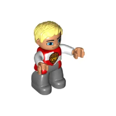  Duplo Figure Lego Ville, Male Castle, Dark Bluish Gray Legs, Red and White Chest with Lion on Shield, Bright Light Yellow Hair, Blue Eyes