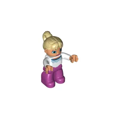  Duplo Figure Lego Ville, Female, Magenta Legs, White Sweater with Blue Flowers Pattern, Tan Ponytail Hair, Blue Eyes