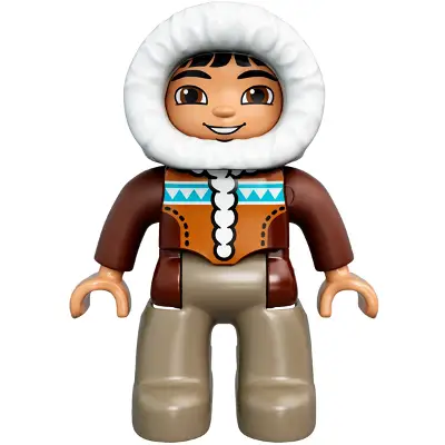  Duplo Figure Lego Ville, Male, Dark Tan Legs, Reddish Brown Hooded Parka, Brown Eyes