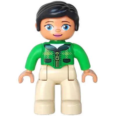  Duplo Figure Lego Ville, Female, Tan Legs, Green Top with Tartan Plaid and Zipper, Bright Green Arms, Black Hair, Oval Eyes (6183830 / 6203756 / 6273383)