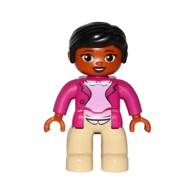 Duplo Figure Lego Ville, Female, Tan Legs, Magenta Jacket and Pink Blouse Pattern, Black Hair, Brown Eyes