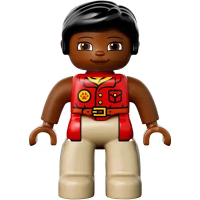  Duplo Figure Lego Ville, Female, Tan Legs, Red Shirt, Black Hair, Reddish Brown Arms