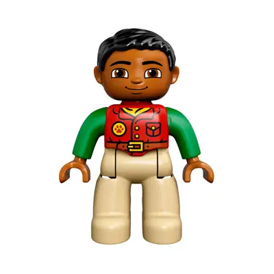  Duplo Figure Lego Ville, Male, Tan Legs, Red Shirt, Black Hair, Bright Green Arms