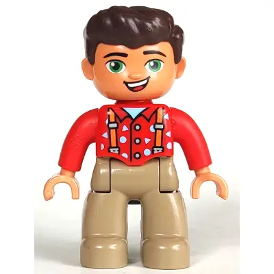  Duplo Figure Lego Ville, Male, Dark Tan Legs, Red Top with Suspenders, Dark Brown Hair