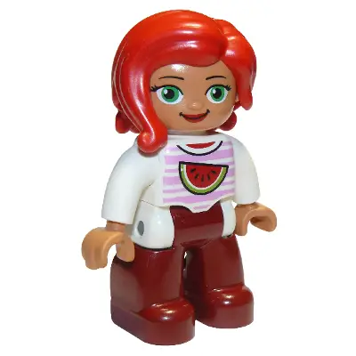  Duplo Figure Lego Ville, Female, Dark Red Legs, White Top with Bright Pink Stripes and Watermelon Pattern, Green Eyes, Red Hair