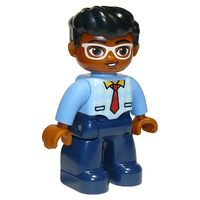  Duplo Figure Lego Ville, Male, Dark Blue Legs, Bright Light Blue Top with Medium Blue Sleeves and Tie Pattern, White Glasses, Black Hair