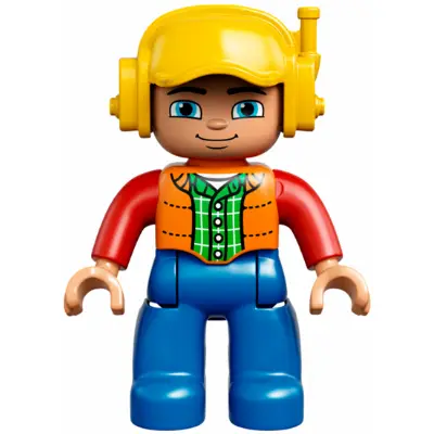  Duplo Figure Lego Ville, Male, Blue Legs, Orange Vest, Dark Green Plaid Shirt, Red Arms, Yellow Cap with Headset