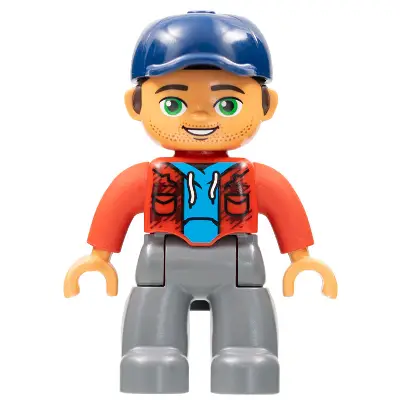  Duplo Figure Lego Ville, Male, Dark Bluish Gray Legs, Red Jacket, Medium Azure Shirt, Dark Blue Cap