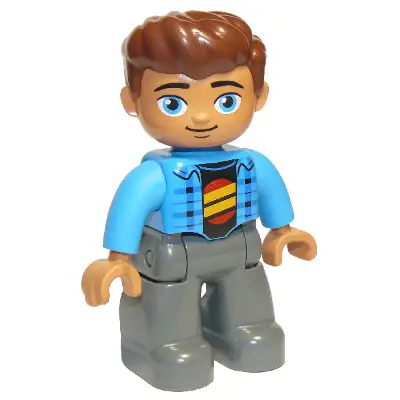  Duplo Figure Lego Ville, Male, Dark Bluish Gray Legs, Dark Azure Jacket, Black Shirt, Reddish Brown Hair
