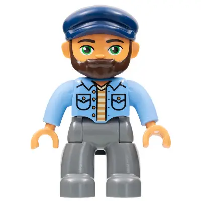  Duplo Figure Lego Ville, Male, Dark Bluish Gray Legs, Medium Blue Shirt, Dark Blue Cap, Beard
