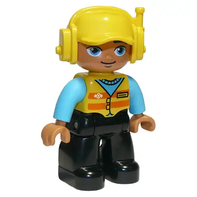  Duplo Figure Lego Ville, Male, Black Legs, Medium Azure Shirt, Yellow Safety Vest with Train Logo, Yellow Cap with Headset