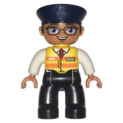  Duplo Figure Lego Ville, Male, Black Legs, White Shirt, Yellow Safety Vest with Train Logo, Dark Blue Hat, Brown Hair and Glasses