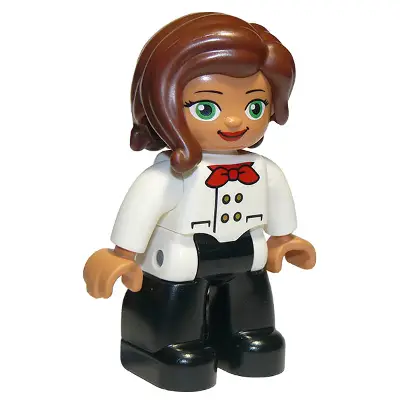 Duplo Figure Lego Ville, Female, Black Legs, White Chefs Top with Red Scarf and Reddish Brown Hair