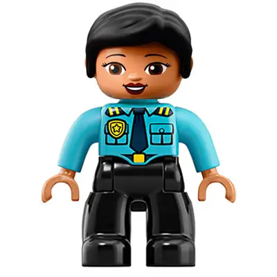  Duplo Figure Lego Ville, Female Police, Black Legs, Medium Azure Top with Badge and Epaulettes, Black Hair