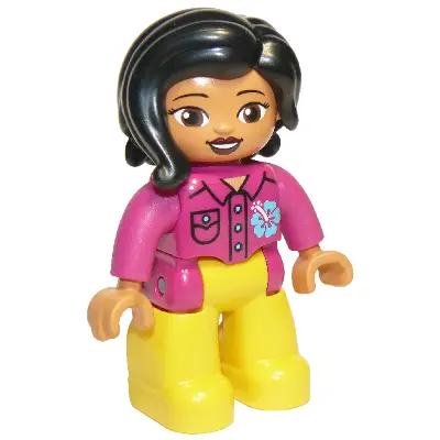  Duplo Figure Lego Ville, Female, Yellow Legs, Magenta Shirt  with Flower, Black Hair