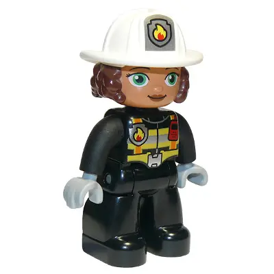  Duplo Figure Lego Ville, Female Firefighter, Black Legs, Black Jacket with Safety Harness, White Helmet with Silver Fire Badge and Radio, Green Eyes