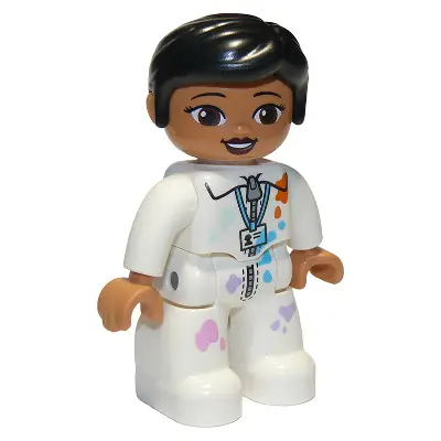  Duplo Figure Lego Ville, Female, White Suit with Zipper, ID Badge, and Paint Splotches, Black Knot Bun Hair