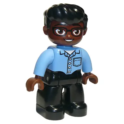  Duplo Figure Lego Ville, Male, Black Legs, Medium Blue Shirt with Pocket, Reddish Brown Head, Glasses, Black Hair Swept Forward, Oval Eyes (6295460)