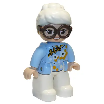 Duplo Figure Lego Ville, Female, White Legs, Bright Light Blue Top with White and Bright Light Orange Flowers, Dark Brown Glasses, White Hair