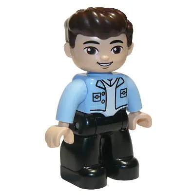  Duplo Figure Lego Ville, Male, Black Legs, Bright Light Blue Top with White Shirt, Dark Brown Hair