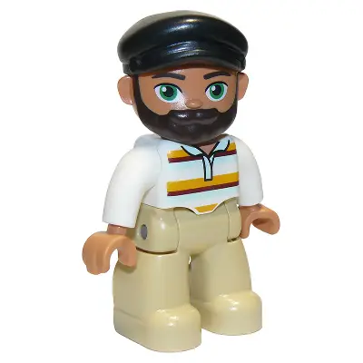  Duplo Figure Lego Ville, Male, Tan Legs, White Top with Stripes, Black Cap, Dark Brown Beard