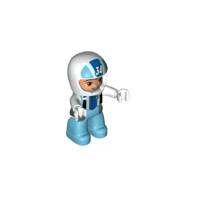  Duplo Figure Lego Ville, Male, Medium Azure Legs, White Race Top and Helmet with Number 34 Pattern (6345403)